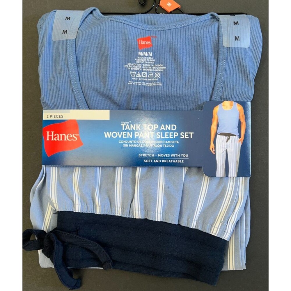 Hanes Men's Blue Sleepwear Tank Top Woven Pant Pajama Sleep Set 2-Piece Size M